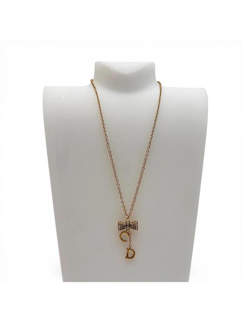Christian Dior Gold Tone CD Bow Pendant Necklace